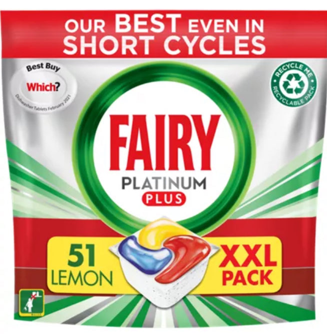 Fairy Platinum Plus All In One Dishwasher Tablets Lemon, 51 Tablets