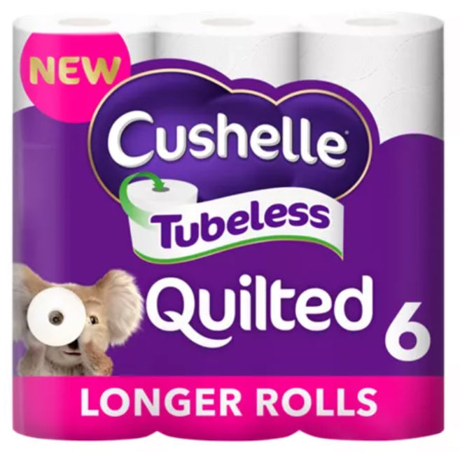Cushelle Tubeless Quilted Toilet Roll 6 Mega Rolls 50% More Sheets
