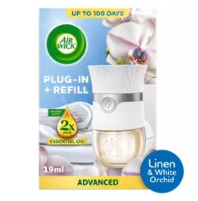 Air Wick Linen & White Orchid Plug-In Kit 19ml. Lasts up to 100 days. Air Freshener.